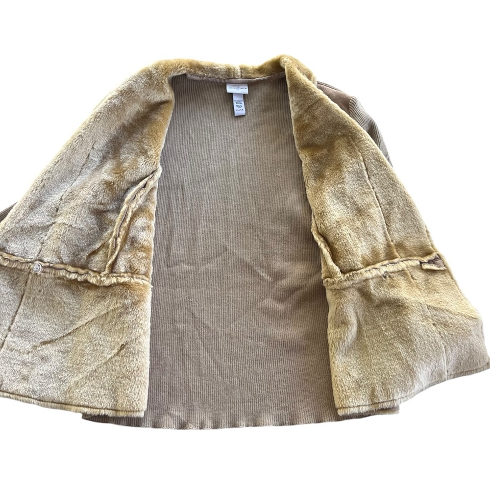 Jaclyn Smith Womens Sz XL Tan Faux Fur Collar Suede Front Knit Penny Lane Jacket - Picture 9 of 16